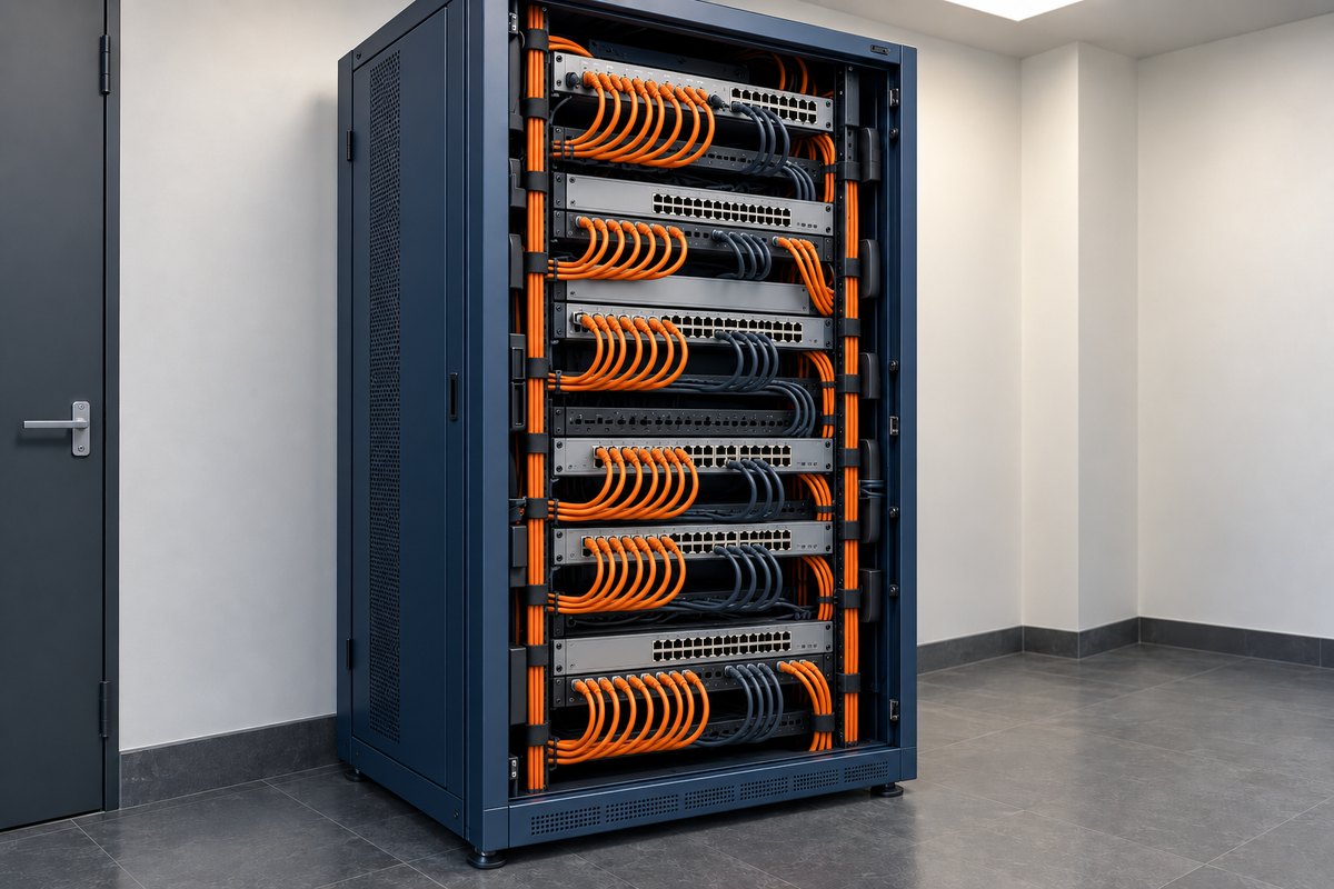Rendered same network cabinet with organised patch cables