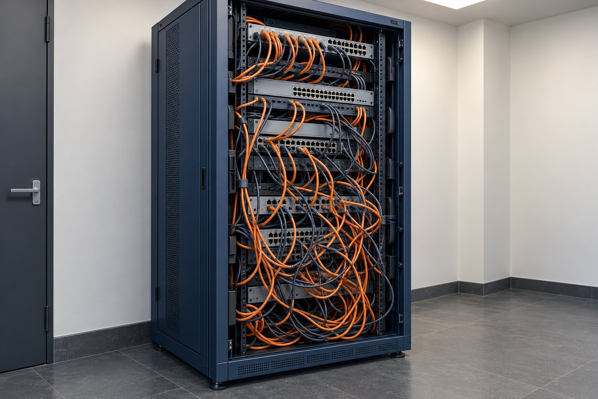 Rendered network cabinet with tangled patch cables